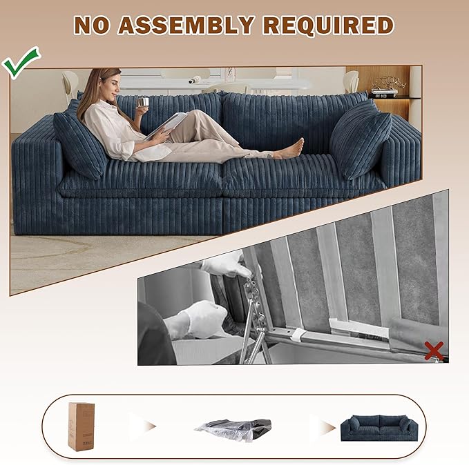 78.8 Modular Cloud Loveseat Couch Corduroy Boneless Couch with Foam &amp Removable Cushion Modern Lounge Sofa in a Box No Assembly Required Upholstered Sofa for Living Room (Blue)