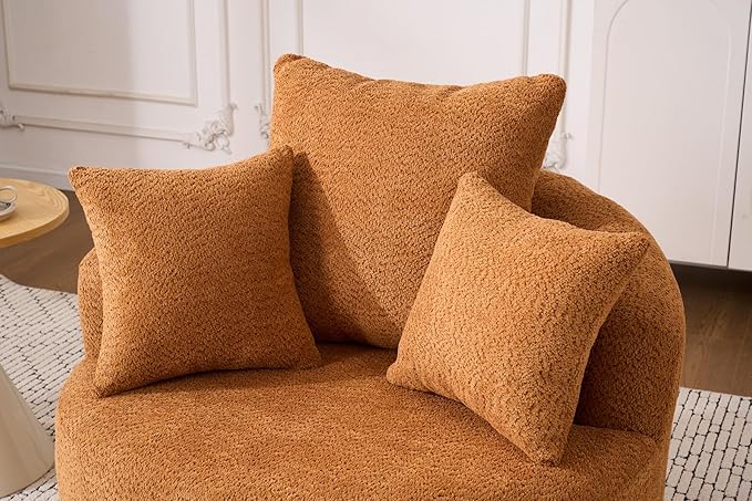 40” Orange Round Swivel Chair with 3 Pillows &amp Thick Cushion Oversized 360° Swivel Accent Chair Modern Boucle Armchair for Nursery Living Room Bedroom Club