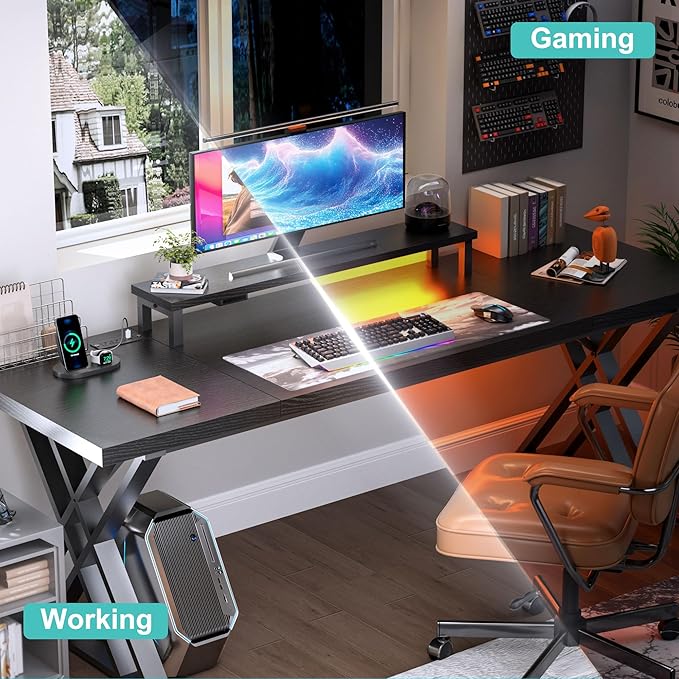 70.8 Inch Large Computer Desk with Power Outlet &amp LED LightsModern Home Office Desk with Ergonomic Monitor StandExtra Long Executive Office Writing Desk for Gaming Work Study Black