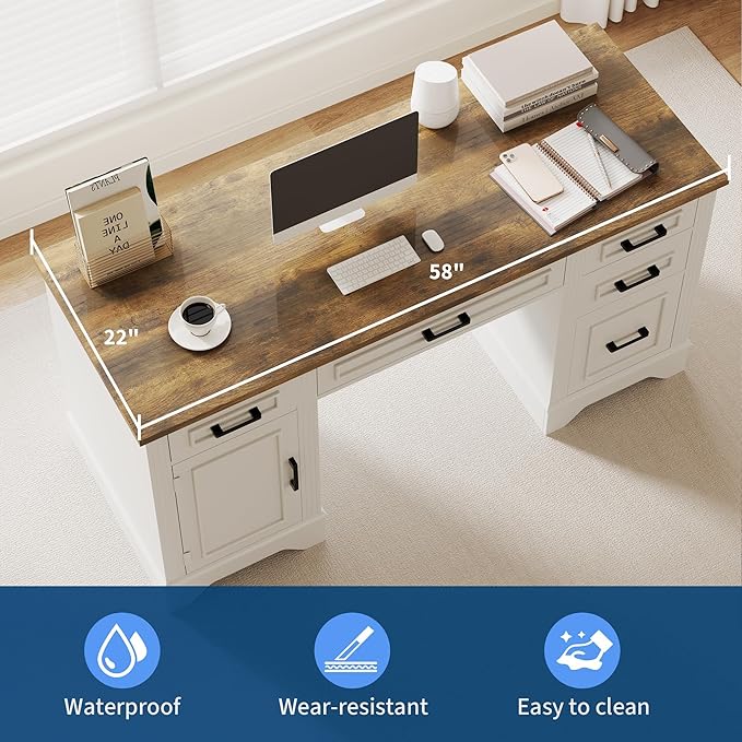 58in Farmhouse Computer Desk with File Drawers White Writing Desk with Storage Cabinet Wooden Home Office Desk for Home Office or Study