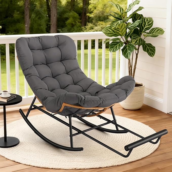GarveeHome Indoor Papasan Rocking Chair Rattan Rocker with Extendable Footrest &amp Detachable Polyester Cushion 352lbs Sturdy Large Reading Lounge for Indoor Bedroom Living Room Dark Grey