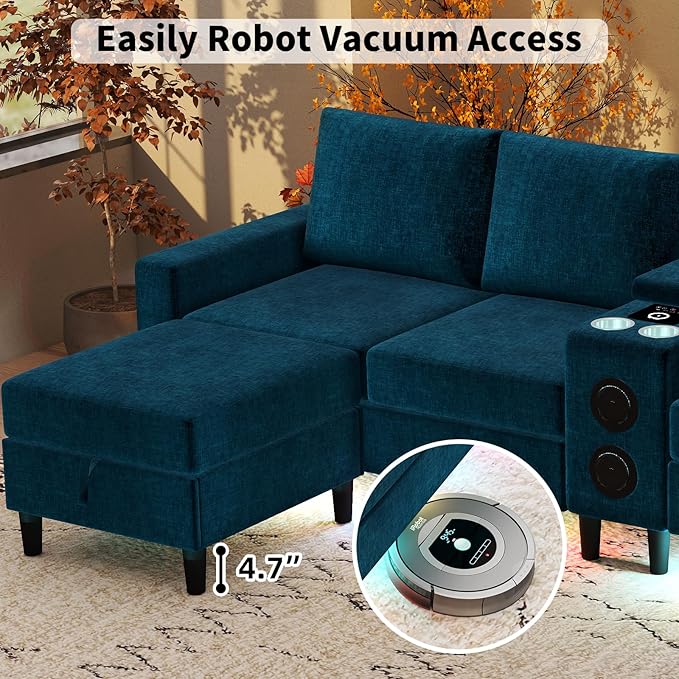 Sectional Couches for Living Room 6 Seat Sectional Sofa Smart Module-Bluetooth Speaker/RGB Light/Charging Station Chenille U Shaped Couch with 2 Movable Storage Ottomans (Blue)