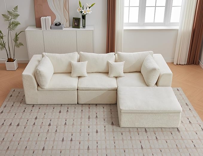 110 Cloud Sectional Couches for Living Room Convertible L-Shape Boneless Couch with Ottoman 3 Seater Modular Sectional Sofa Cream