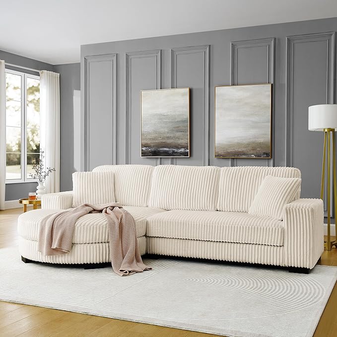 Corduroy Tufted Upholstered Sleeper Sectional Sofa L-Shaped Modular Convertible Sofa The arc-Shaped Footstool can be Placed Freely on The Left and Right (Beige + Foam + 3 Seat)
