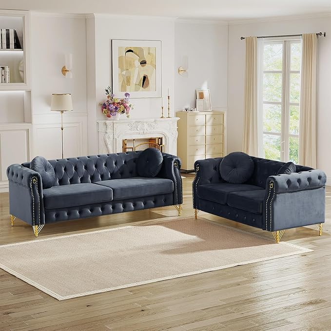 Mid Century Modern Chesterfield Couch Velvet Sofa with Button Tufted &amp Rivet Upholstered Comfy Sofa with Armrest Ring &amp Gold Leg Cozy Cloud 3-Seater Couch for Living Room(82 W Black)