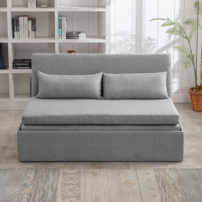 Mjkone 62 Width Pull Out Sleeper Sofa Bed Queen Size 2-in-1 Modern Convertible Linen Sofa Sleeper Pull Out Couch Bed with Cushions &amp Throw Pillows for Living Room Home Office Small Place Light