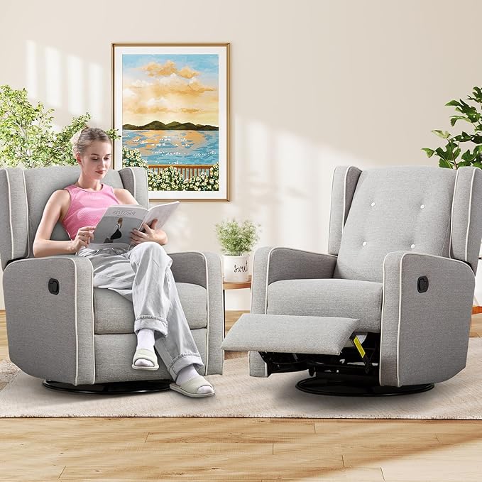 CANMOV Swivel Rocker Recliner Chair Set of 2 Nursery Glider Chair Nursery Rocking Chairs Manual Reclining Chair Grey