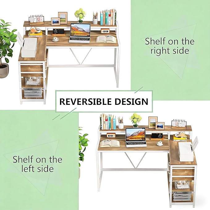 55 L Shaped Office Desk with Drawers &amp Storage Reversible Executive Office Desk with 4 Shelves Large Corner Computer Desk with Elevated Monitor Stand for Home Office Gaming (White+Oak)