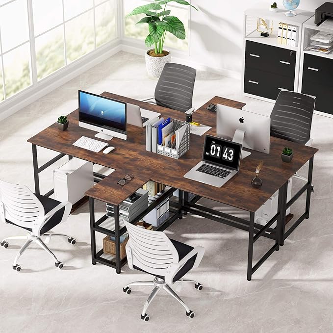 Tribesigns 90.5 inch Computer Desk Extra Long Two Person Desk with Storage Shelves Double Workstation Office Desk Study Writing Desk for Home Office (Brown 90.5x21.7 in)