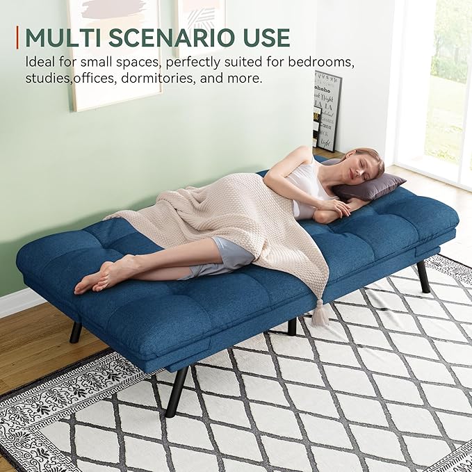 Opoiar Convertible Futon Sofa Bed71 Memory Foam Futon CouchDetachable CushionAdjustable Backrest &amp ArmrestLinen Modern Loveseat Sleeper Recliner for Living RoomOfficeApartmentRetro Blue