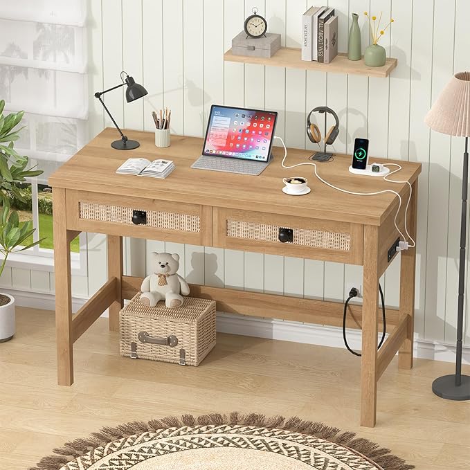 Rattan Computer Desk with 2 Drawers 39 Inch Small Desk with Power Outlets Farmhouse Boho Vanity Desks Compact Writing Study Table for Small Spaces Oak