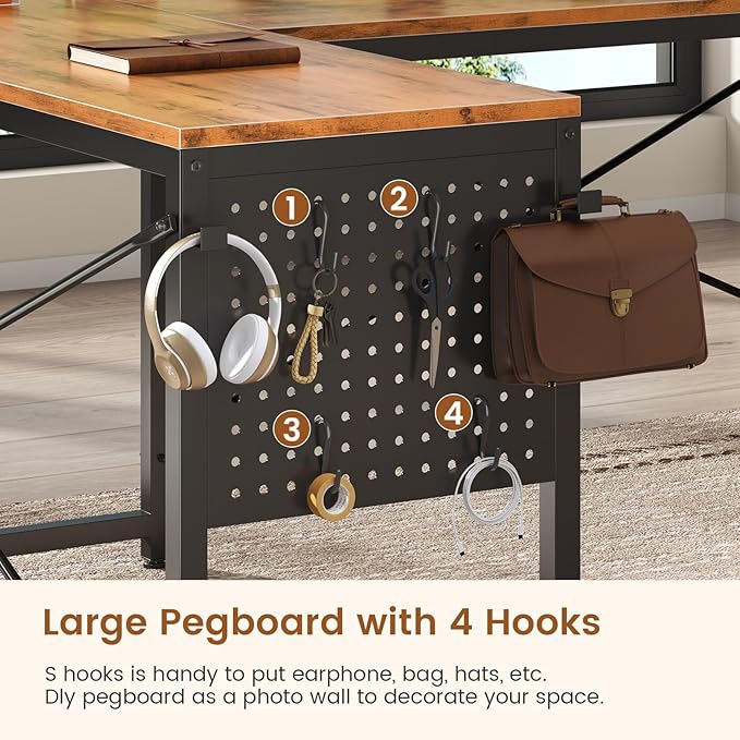 L Shaped Desk 67 Reversible Computer Desk with 4 Fabric Drawers and Power Outlet Corner U Shaped Desk with Shelf and Pegboard for Home Office Rustic Brown