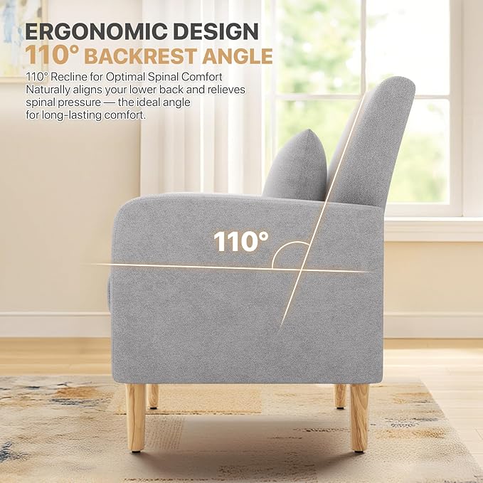Magshion Mid-Century Accent Chair for Living Room Comfy Reading Chair for Bedroom Upholstered Linen Fabric Armchair Single Sofa with Back Pillow &amp Wood Legs 300 lbs Capacity Gray
