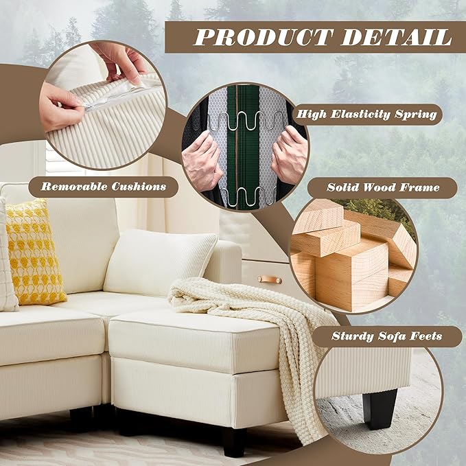 MAGIC UNION Convertible Sectional Couches for Living Room - Small Space Couches L-Shaped Sofa Upholstered 3 Seats Sofas W/Storage Chaise USB Ports Side Pockets and Pillows (Corduroy Fabric White)