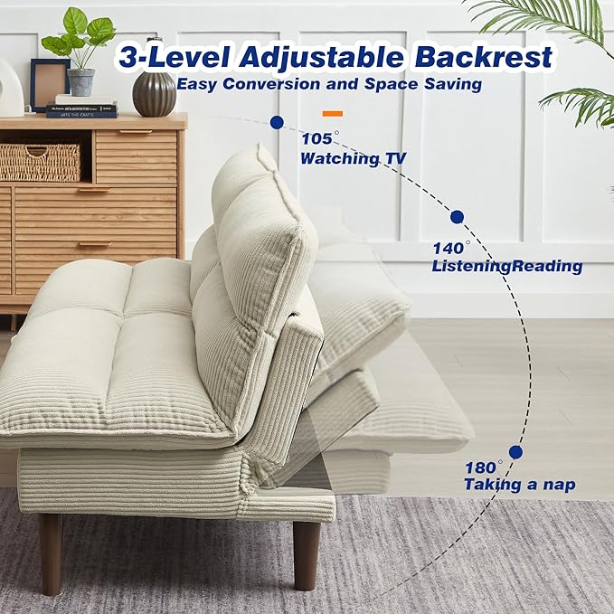72 Futon Sofa Bed Convertible Futon Couch with Adjustable Backrest Modern Corduroy Sleeper Sofa for Small Spaces Living Room Office Beige
