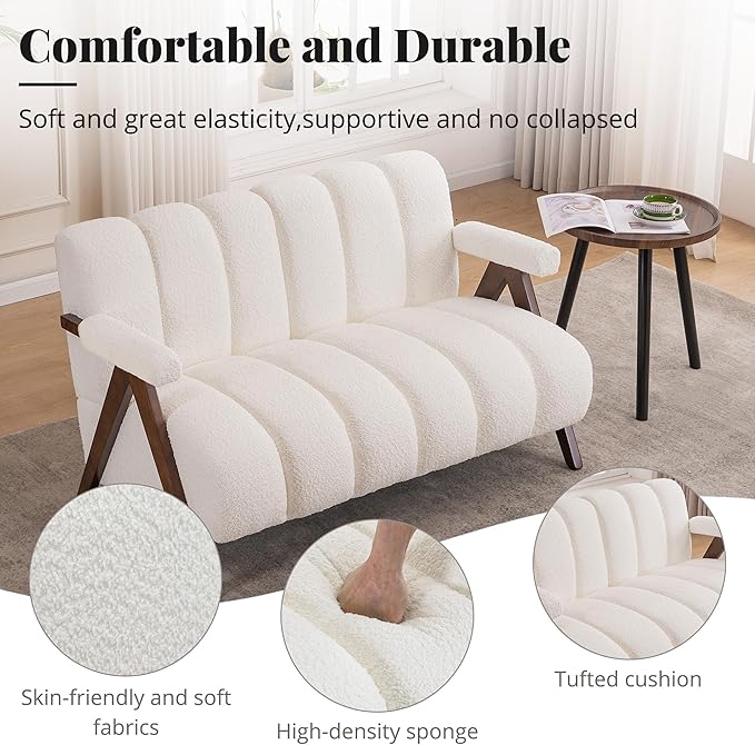 Mid Century Modern Accent Chair Loveseat Sofa with Solid Wood Frame Boucle Upholstered Living Room Chairs with Thick Cushion Comfy Tufted Arm Chair for Bedroom Ivory
