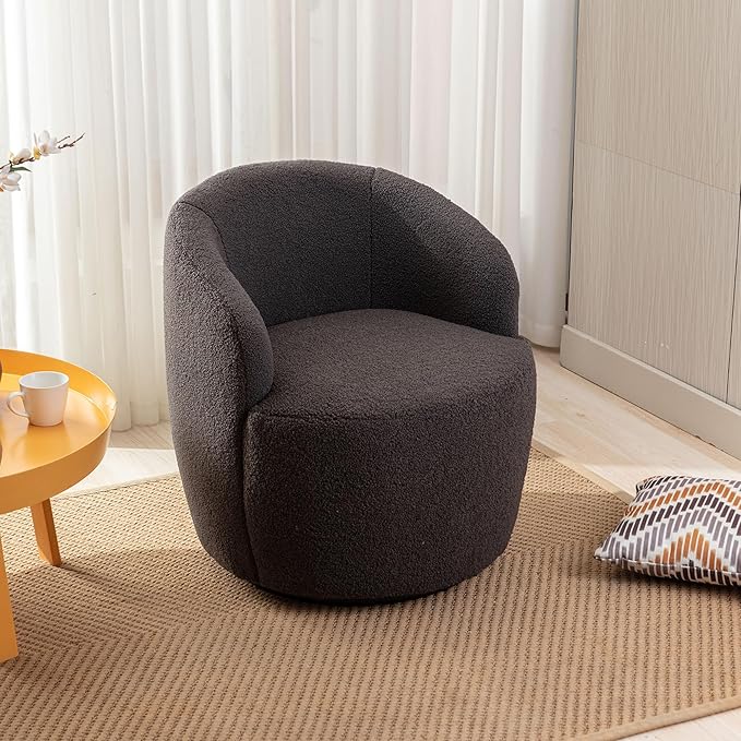 kevinplus Swivel Barrel Chair Accent Armchair for Living Room Bedroom 360 Degree Modern Round Upholstered Single Sofa Couch Chair Cozy Small Swivel Chair for Apartment Teddy Fabric Dark Grey