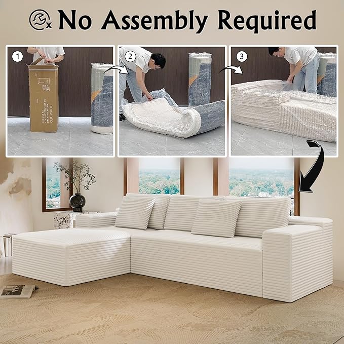 White sectional couches for Living Room Corduroy Couch104 Cloud Sectional Couch with L-Shape Chaise Modern Modular Sofa Deep Seat Comfort No Assembly Required(Plush Corduroy Fabric)