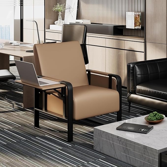 Andeworld Modern Accent Chair Mid Century Living Room Armchair Upholstered Faux Leather Sofa Side Chair with Side Table for ReadingWorkingOfficeApartmentDark Brown