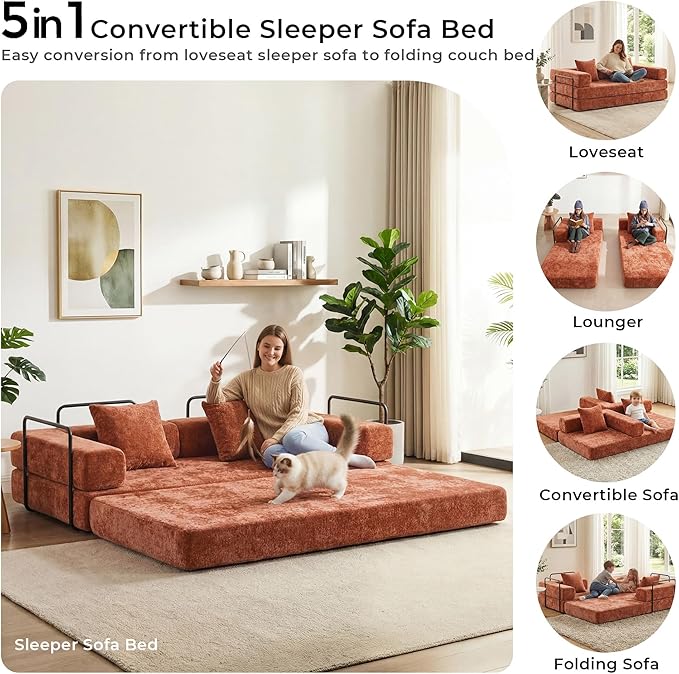 WELAX 77 Convertible Sleeper Sofa Bed Boneless Cloud Queen Futon Couches with 2 Pillows &amp Removable Armrests Chenille Folding Floor Couch No Assembly for Bedroom Living Room Orange