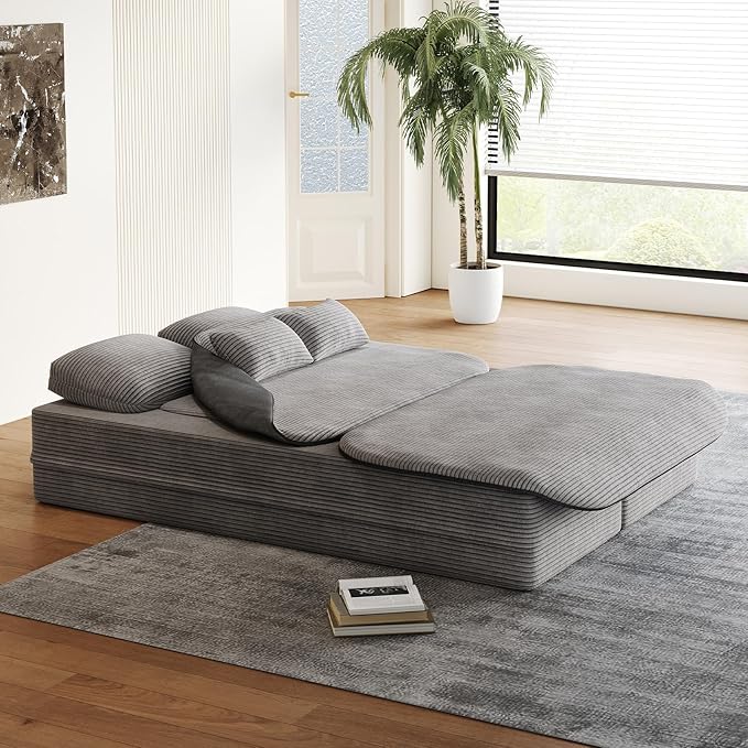 Antetek Convertible Sleeper Sofa Modern Folding Futon Corduroy Floor Foam Compression Loveseat Sofa Bed Couch Foldable Full Size Guest Bed with 4 Pillows for Living Room Bedroom Apartment Grey