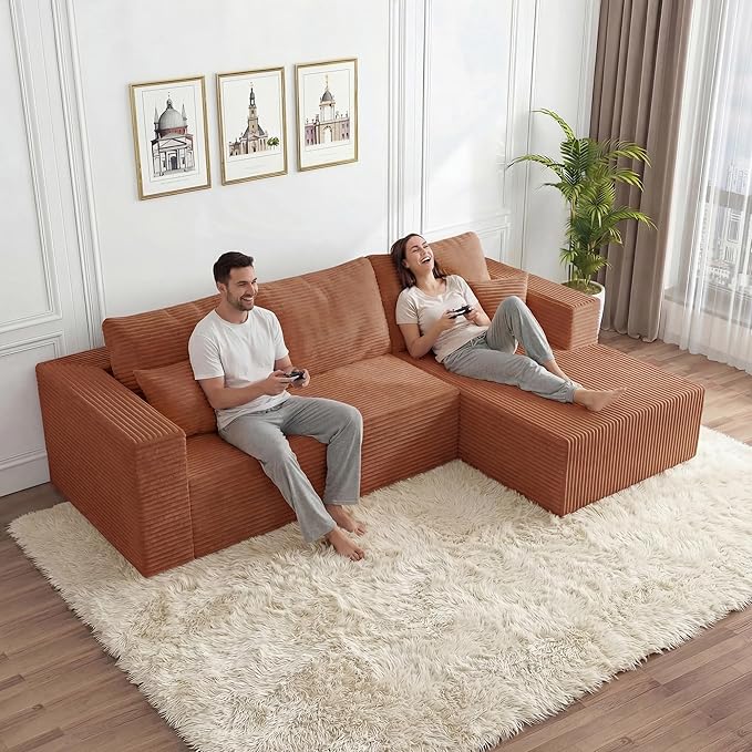 108 Modular Sectional Sofa L-Shaped Cloud Couch with Deep Seats &amp Chaise Convertible 4-in-1 Corduroy Boneless Couches for Living Room Bedroom No Need Assembly - Brown
