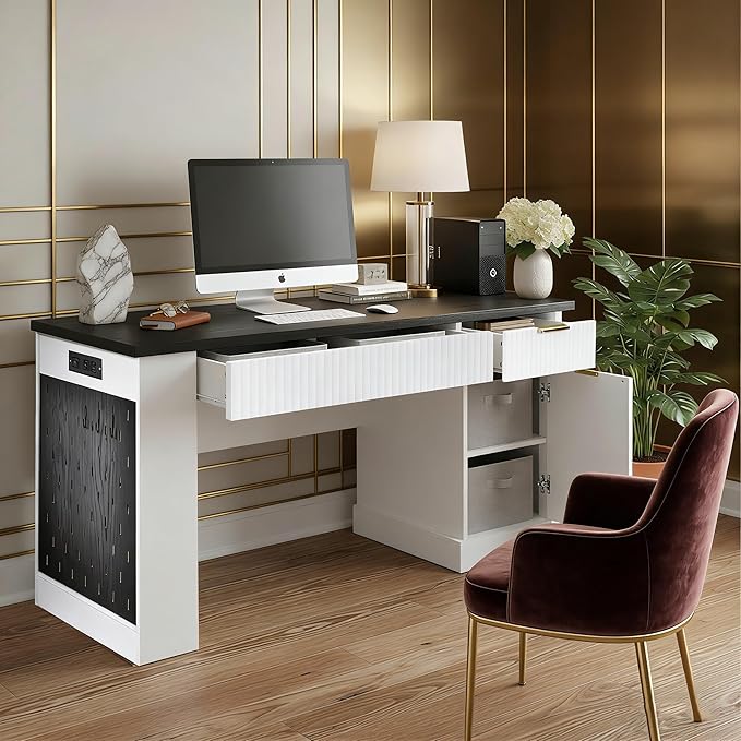 55“ Modern Fluted Executive Desk with Storage Wood Home Office Computer Desk with Drawers Charing Station Keyboard Tray Corner Workstation Writing Desk with Pegboard for Study Bedroom(White)