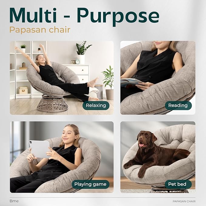 Bme 40 Ergonomic Wicker Papasan Chair with Soft Thick Cushion &amp Frame 360° Swivel Circle Reading Comfy Chair for Living Room Bedroom