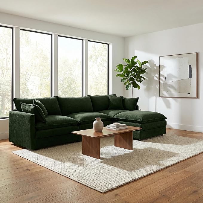 Homy Casa 102 Inch L Shaped Couch Set3-Seat Sectional Sofa with Chaise Comfortable Chenille Fabric Removable Cushions Ottoman DIY CombinationModern Design for Living/Family Room (Green)