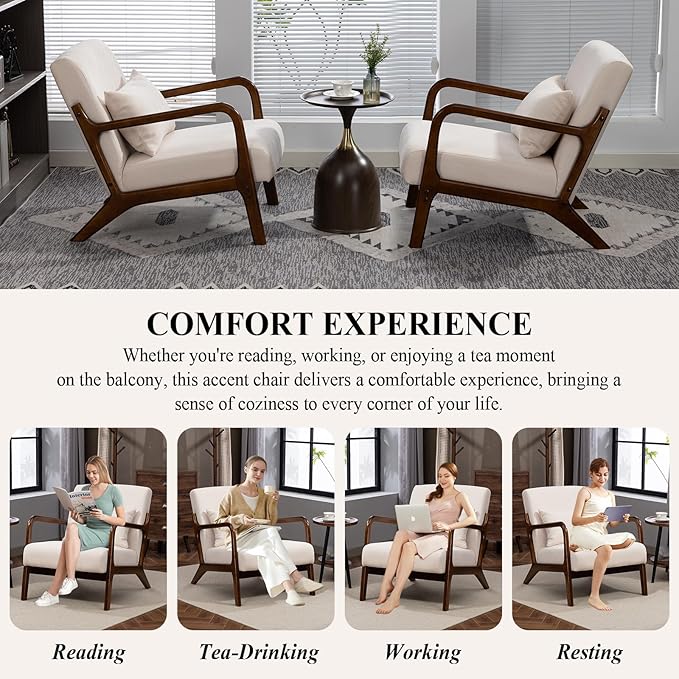 Minimalist Accent Chair Velvet Upholstered Mid-Century Modern Chair with Pillow Lounge Arm Chair with High Backrest Comfy Reading Chair for Living Room Balcony (White-Dark Brown)