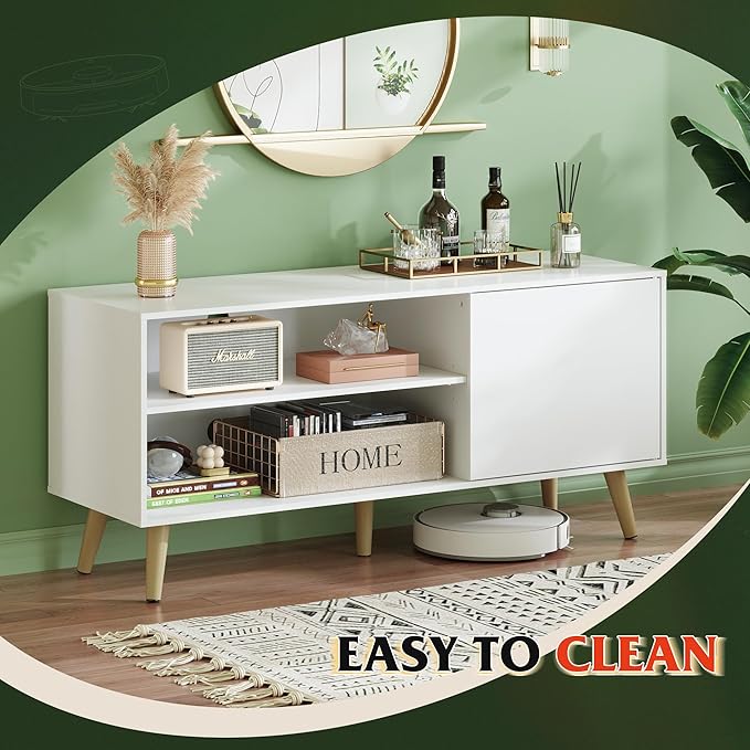 WLIVE TV Stand for 55 Inch TVs Entertainment Center with Storage Cabinet Mid-Century TV Stands for Living Room and Bedroom 50 TV Console White