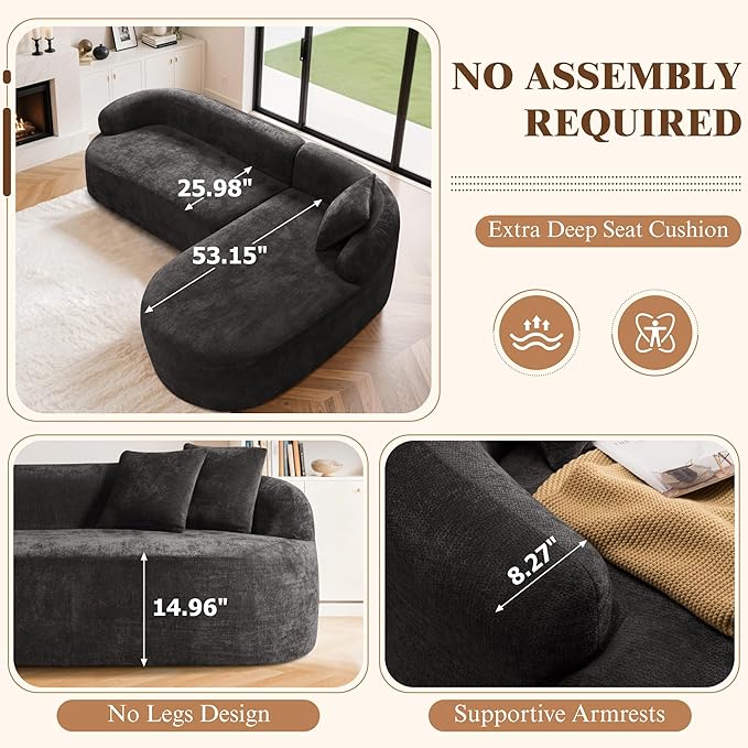 108 Cloud Modular Sectional Couch Modern Boneless Couches with Deep Seat U Shaped Sofa for Living Room No Assembly Required Corduroy (Black Right Chaise+Left Sofa)