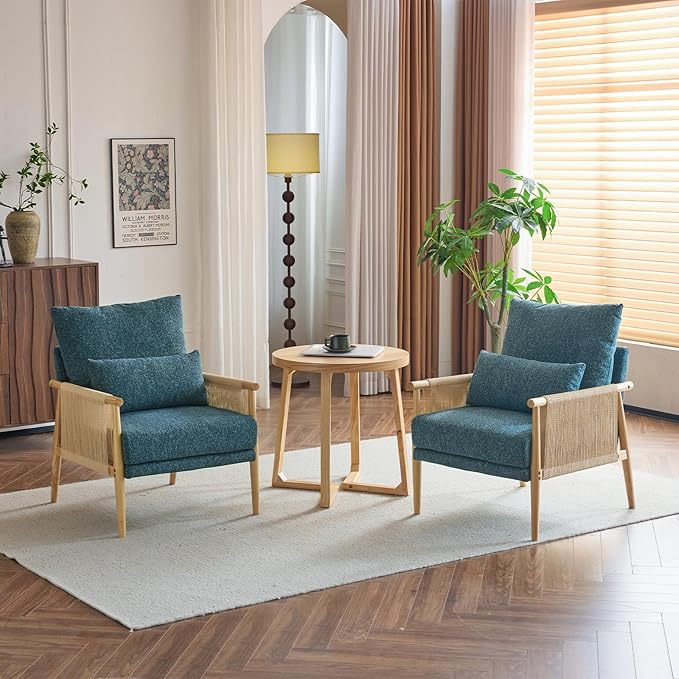 Karl home Cozy Chenille Accent Chair with Lumbar Pillow &amp Rattan Arms Modern Lounge Chair for Living Room Bedroom Reading Nook Blue &amp Green