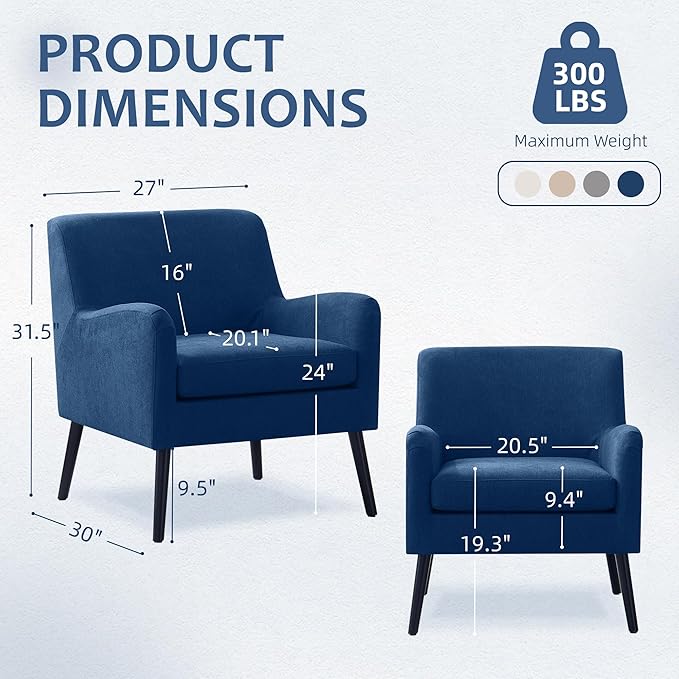 Accent Chair Living Room Chair with Wooden Legs Fabric Reading Chair Mid Century Modern Chair Upholstered Armchair for Bedroom Study Office (Blue)