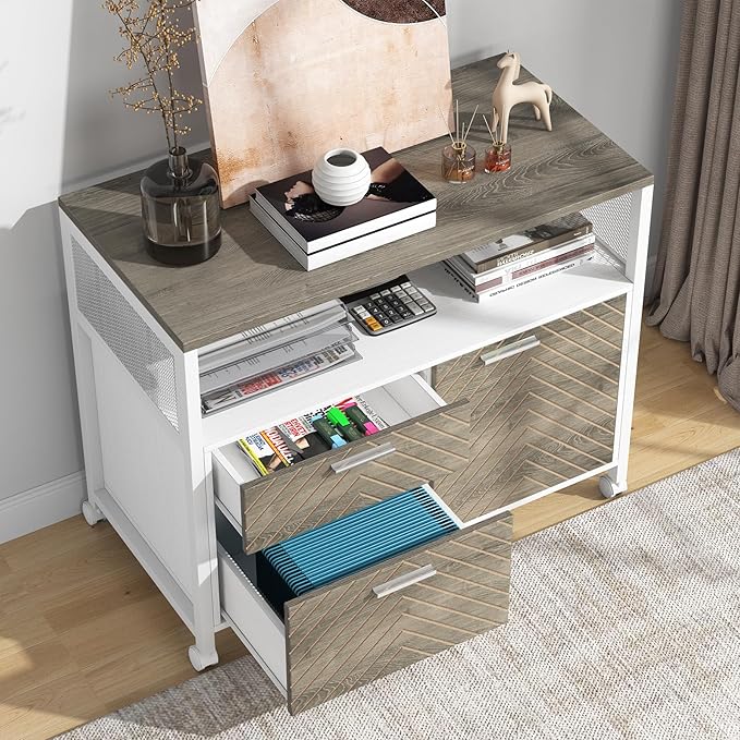 Tribesigns Modern File Cabinet with Drawers for Letter-Sized File and Door Lockable lateral Filing Cabinet Printer Stand with Storage Shelves and with Rolling Caster for Home Office (Oak)