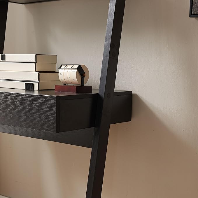 Modern Home Office Desk with Ladder-Style Bookcase–Handleless Design 1 Smooth-Glide Drawer2 Shelves (10lb Capacity Each)Ergonomic 2-Part Leg Assembly for Easy Shipping &amp Wall-Friendly Placement