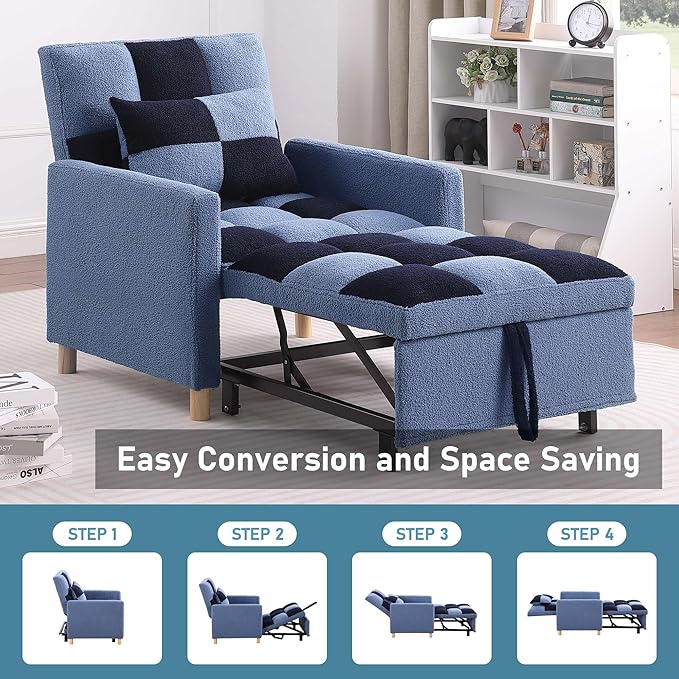 Convertible Sleeper Sofa Chair 3 in 1 Multi-Function Folding Ottoman Couch Sigle Pull-Out Bed with Adjustable Backrest and Pillow for Living Room Apartment Office Blue