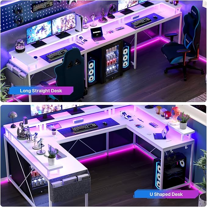 U Shaped Desk with Power Outlet &amp LED Lights 79 Reversible Computer Desk with Monitor Stand Wood Home Office Desks Gaming Desk with Shelving Side Storage Pockets White