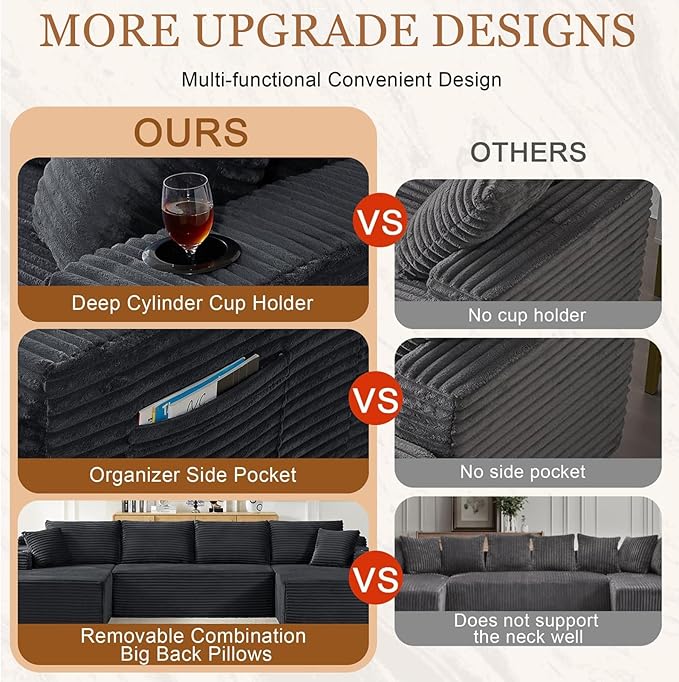 134 Inch U-Shaped Sectional Couch Oversized Modular Corduroy Sofa with 2 Chasies 4-Seater Modern Deep Seat Boneless Cloud Couch for Living Room No Assembly Required Dark Gray