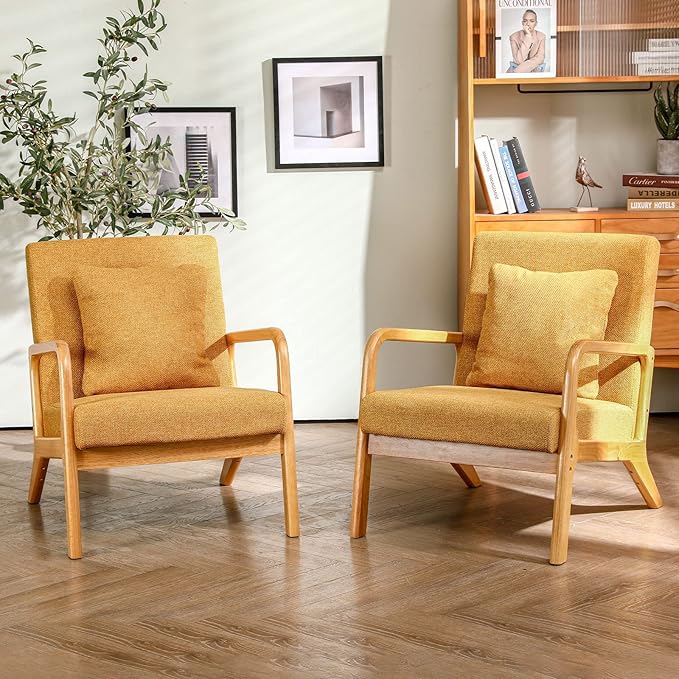 ELUCHANG Mid-Century Modern Accent Chair Upholstered Premium Linen Fabric Armchair with Wooden Frame LegsComfy Living Room Chairs Lounge Chair for Bedroom (Yellow 2 PCS)