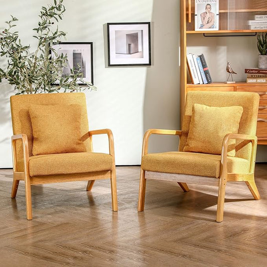 ELUCHANG Mid-Century Modern Accent Chair Upholstered Premium Linen Fabric Armchair with Wooden Frame LegsComfy Living Room Chairs Lounge Chair for Bedroom (Yellow 2 PCS)