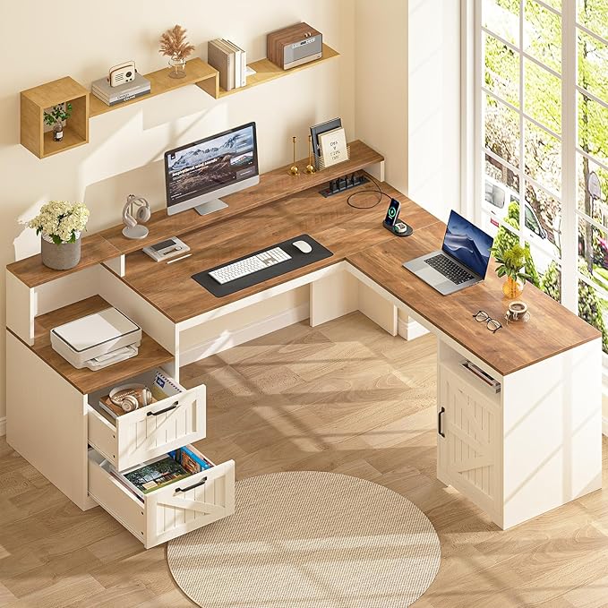63 Farmhouse L Shaped Executive Desk with Drawers &amp Storage Shelf Corner Computer Desk with Power Outlets L Shaped Office Desk with Monitor Stand Printer Shelf Antique White