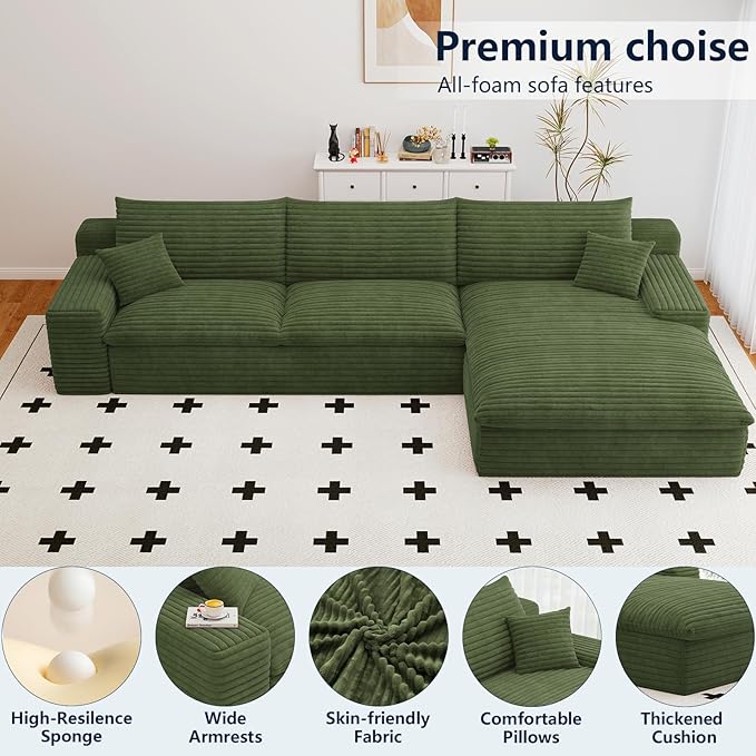 107”Cloud Sectional Couch Boneless Sofa for Living Room Modular Sectional Sofa with Deep Seat Fluffy Comfy Couch with L-Shaped Chaise No Assembly Required Comfy Upholstered Corduroy Couches Right
