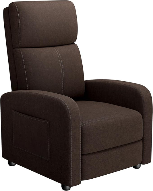 GarveeHome Linen Fabric Manual Recliner Chair with Side Pocket High Backrest Thick Cushion Adjustable Push Back Recliner Lazy Lounge Chair for Living Room Home Theater Bedroom Brown