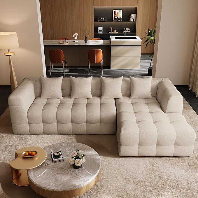 120 Boneless-Couch L-Shaped Sofa for Living Room Cloud Couch with Chaise Lounge Sectional Upholstered Chenille Deep Seat Couches with 4 Pillows No Assembly Required Light Brown