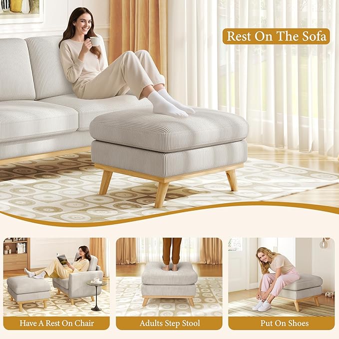 Vesgantti Large Ottoman for Modular Sofa 29.5 Corduroy Ottoman with Spring Cushion Rectangle Foot Rest for Couch Entrance Footstool with Wood Legs Footstool for Living Room Bedroom Light Gray