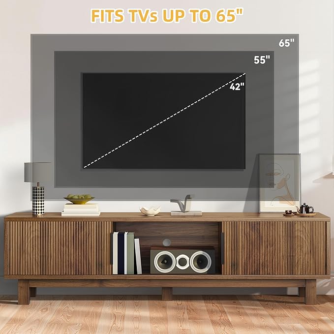 DWVO Fluted TV Stands for Living Room Entertainment Center for TVs up to 65 Inch Mid Century Modern Media Console with Power Outlets &amp Storage Compartments 59 Long TV Cabinet Walnut
