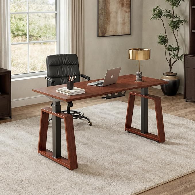 EUREKA ERGONOMIC Electric Standing Desk 63inch Executive Computer Desk Adjustable Height Desk Modern Trapezoidal Leg Sit Stand Desk Smart APP&ampTouch Screen Cherry Top