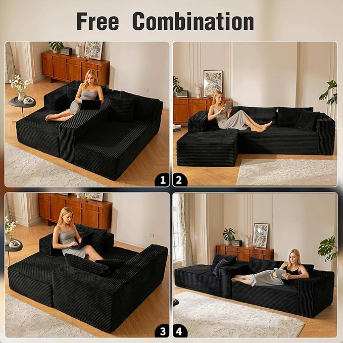 110” No Assembly Compression Boneless in a Box Cloud Sectional Couches for Living Room L-Shape Couch Compressed Sofa Modern Modular Plush Corduroy Reclining Comfy Fluffy Memory Foam Furniture Black