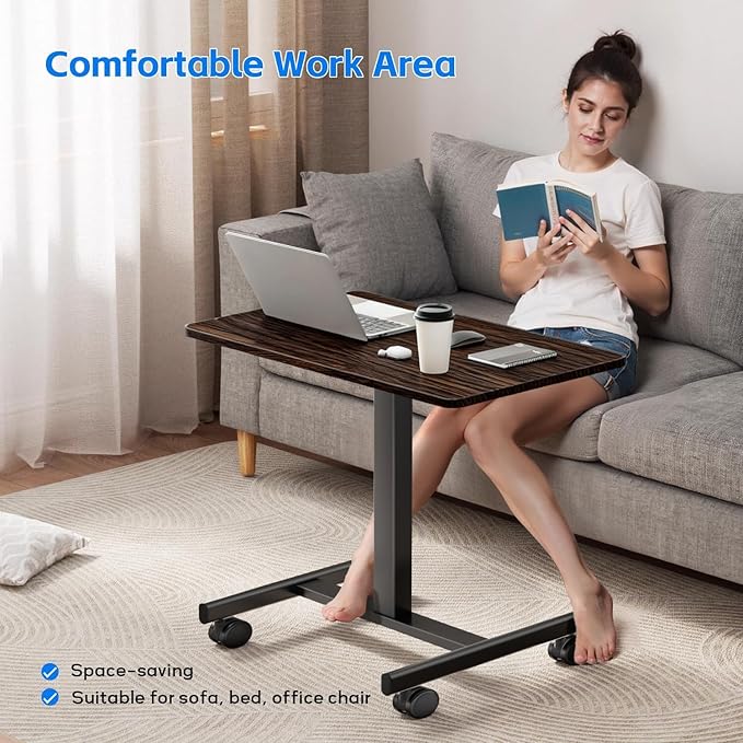 Mobile Small Standing Rolling Desk Adjustable Height Portable Laptop Desk on Wheels Computer Workstation for Home Office with HookRustic Brown